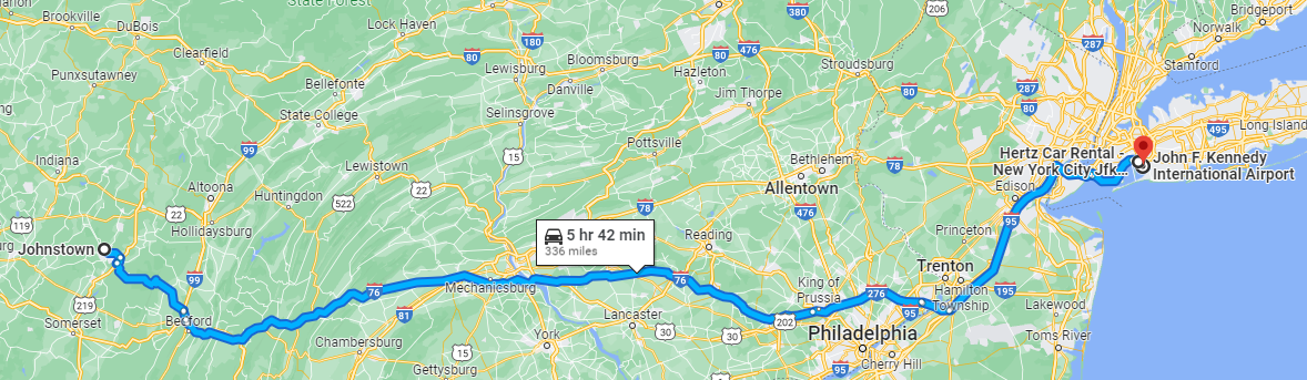 Johnstown, PA to JFK Airport, Queens, NY - South route.png