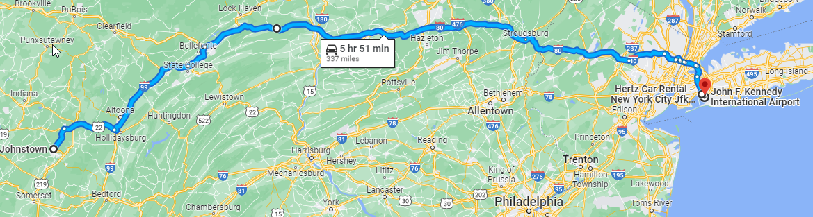 Johnstown, PA to JFK Airport, Queens, NY - North route.png